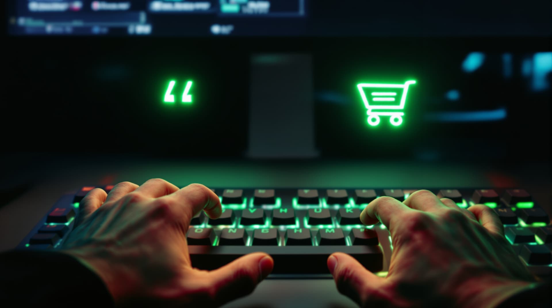 First-person view of hands over a keyboard in a dark office, left index finger pointing at a glowing code symbol, right index finger at a glowing shopping-cart icon.