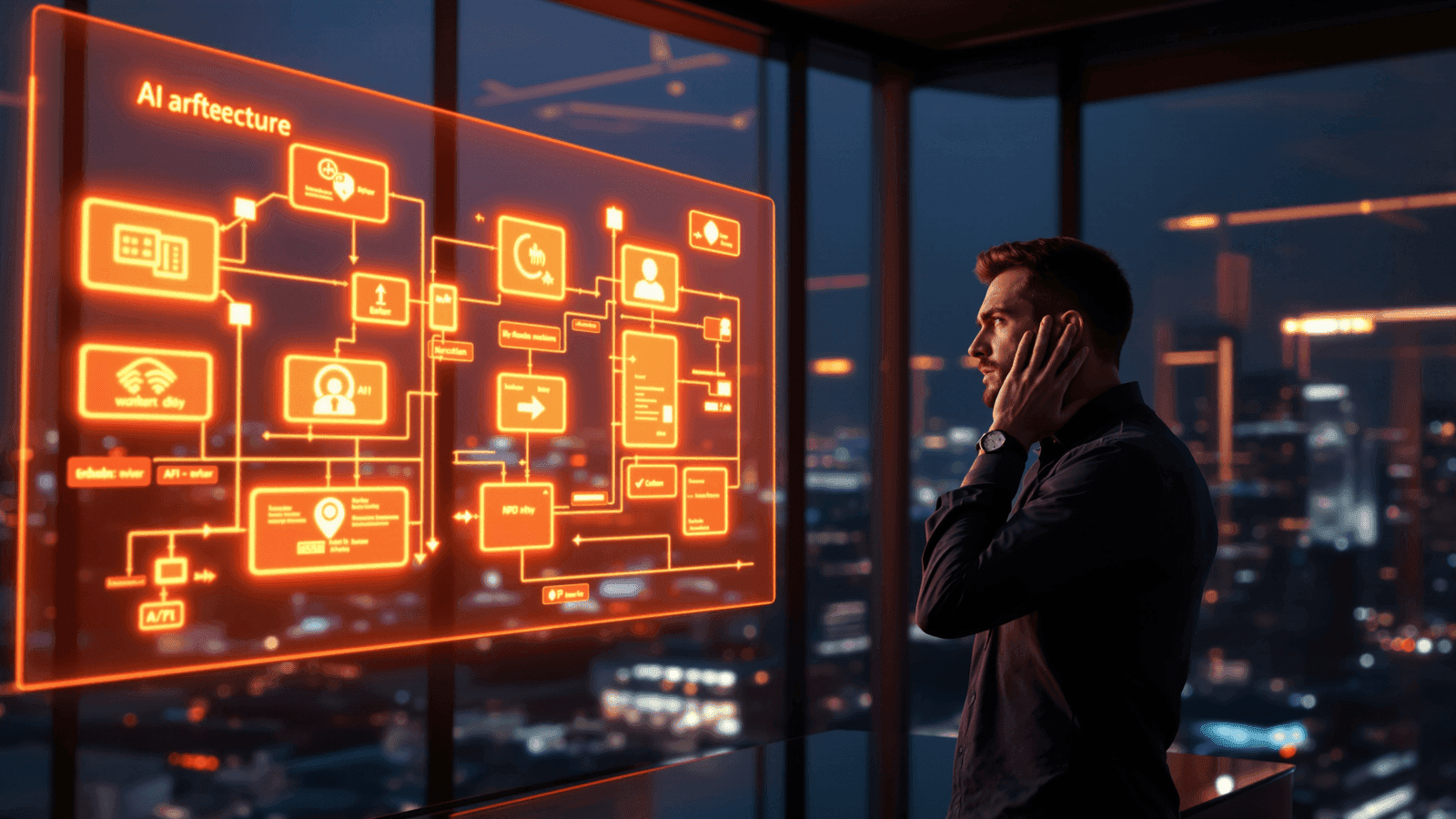 A team in a dark office late in the evening in front of a screen with error logs and an interrupted process