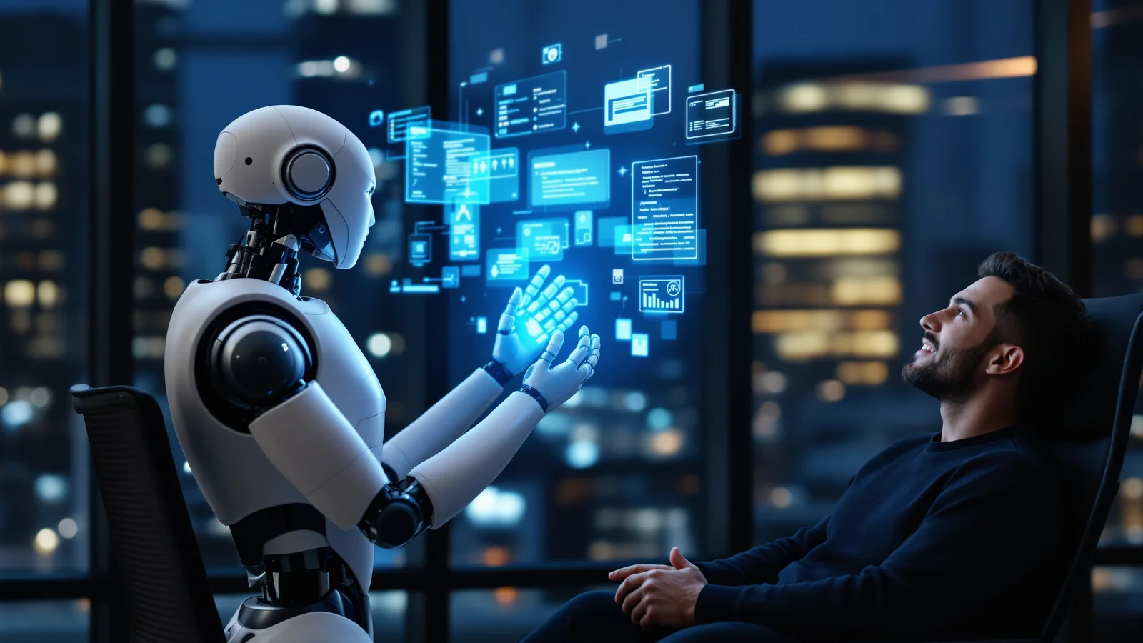 Robot tvořící webové stránky pomocí holografického rozhraní, vedle něj uvolněný uživatel